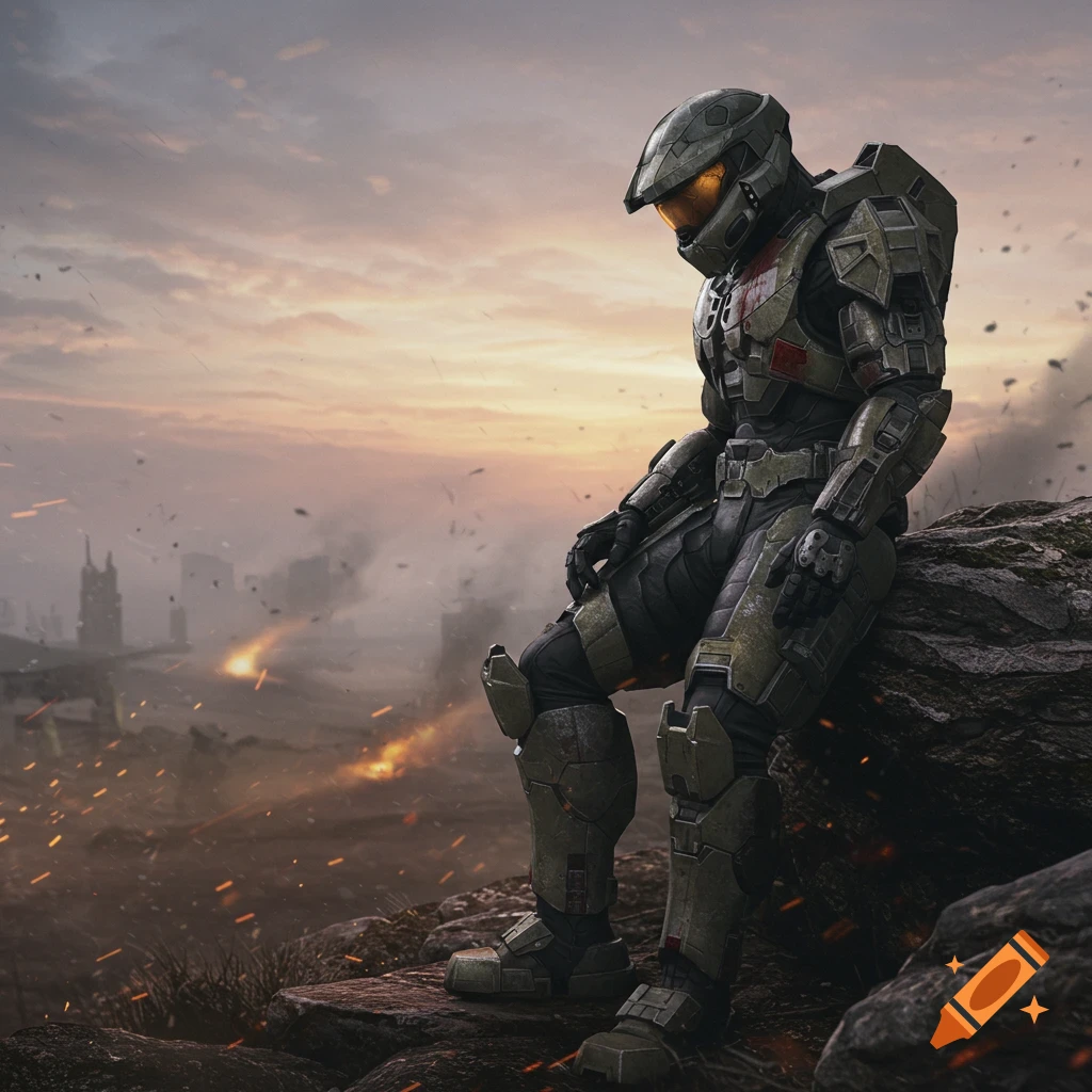 A lone Spartan soldier from Halo, possibly Noble Six, sits on a rocky hill overlooking a fiery, war-torn landscape at sunset.