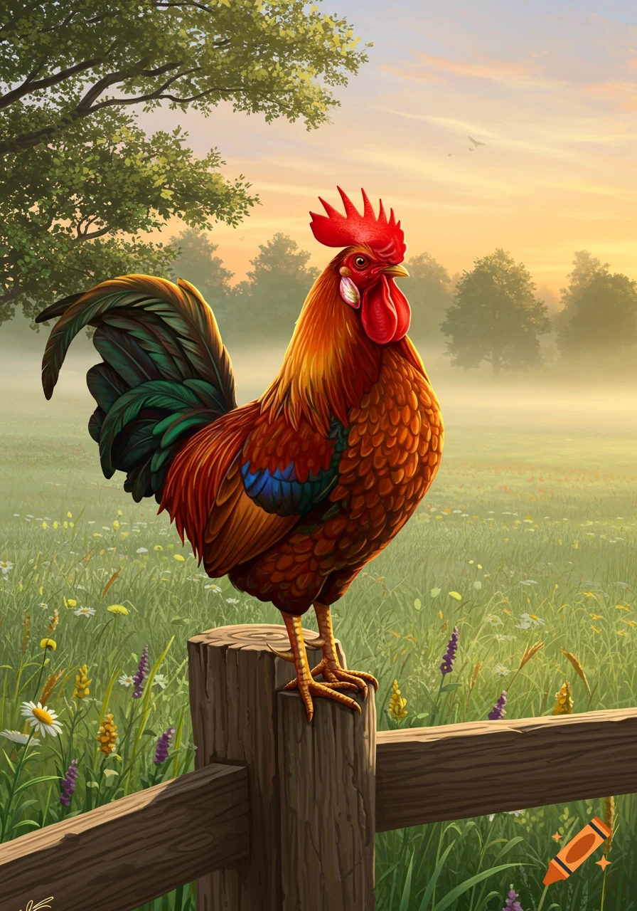 Colorful rooster stands on a wooden fence post in a misty, grassy field at sunrise.