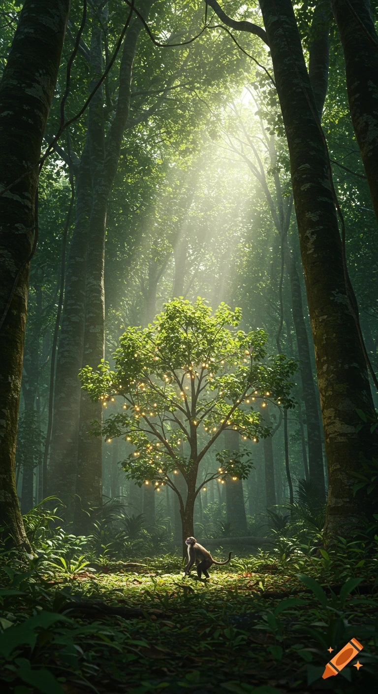 A curious monkey observes a small tree with glowing lights in a sun-drenched, dense jungle. Photorealistic and cinematic.