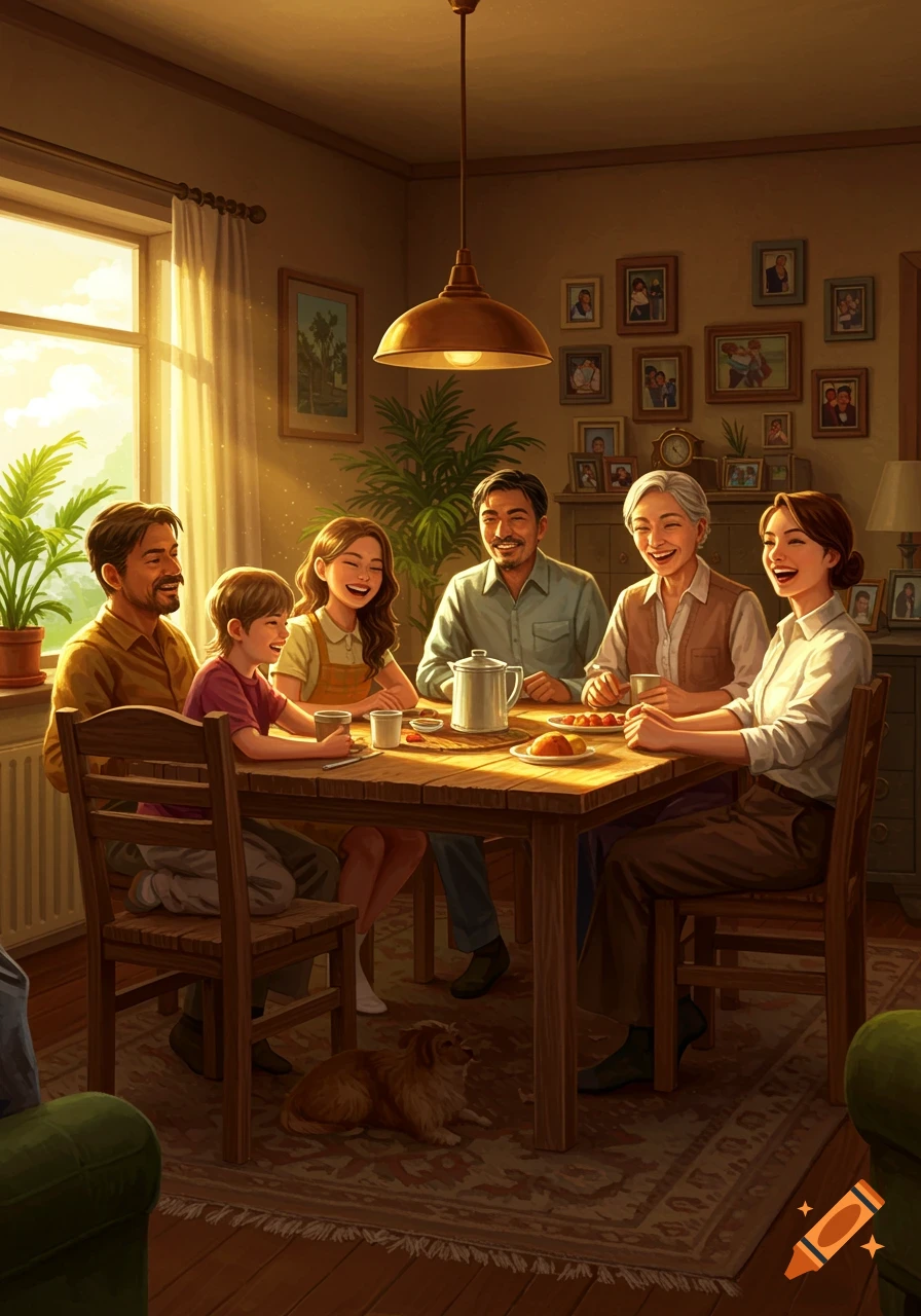 An illustrated multi-generational family of six laughing around a wooden dining table in a sunlit room, with a dog lying on the rug.