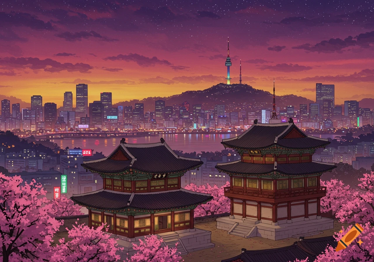 Anime-style cityscape of Seoul with traditional Korean buildings, cherry blossoms, and skyscrapers at sunset.