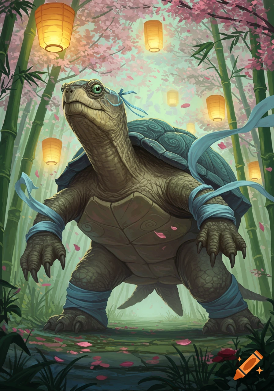 A large turtle with green eyes and blue sashes stands in a bamboo forest with pink cherry blossoms and glowing lanterns, in an Art Nouveau style.
