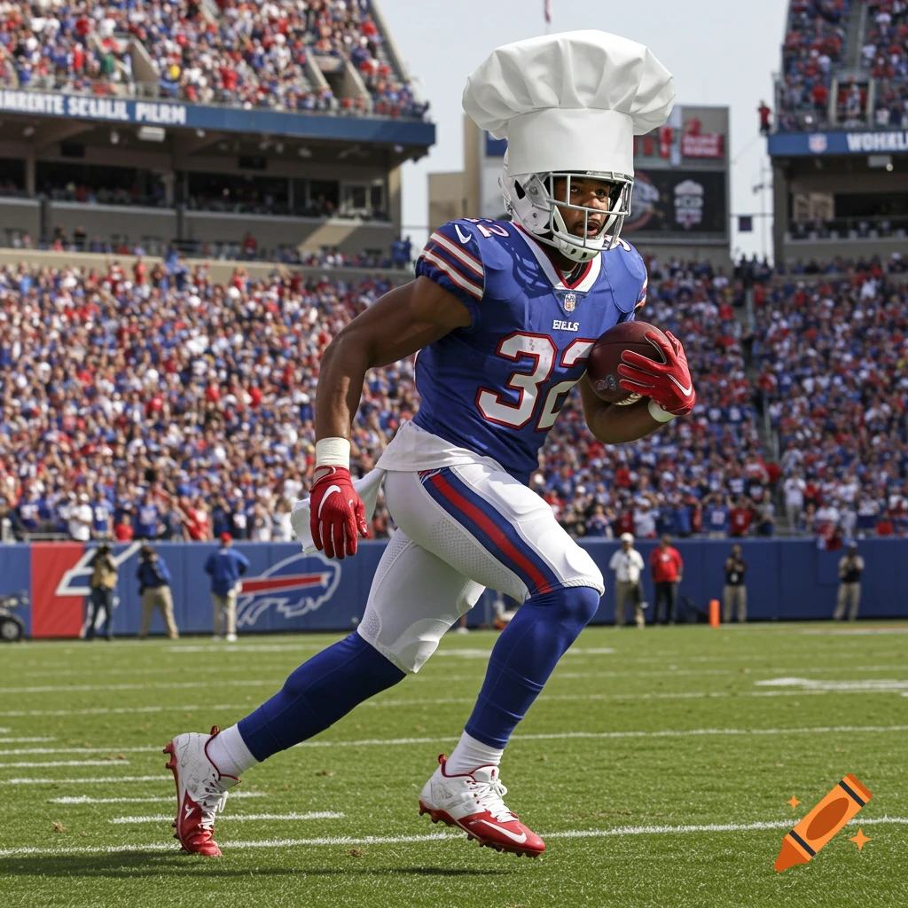 A Buffalo Bills football player in a blue jersey with number 32 and a chef's hat on his helmet runs with a football on a green field in a stadium.