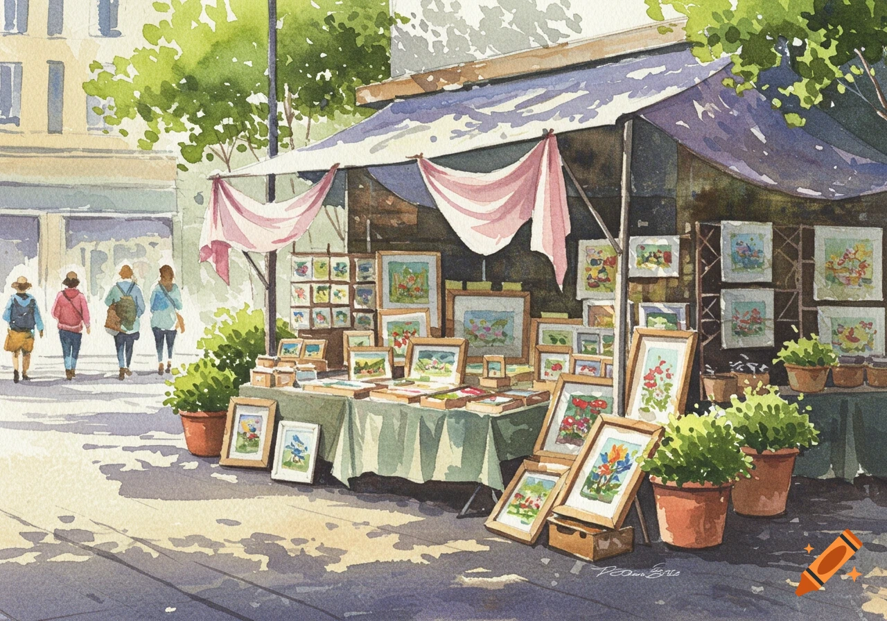 Watercolor painting of an outdoor art market with a stall displaying framed artwork and people walking on a sunny street.