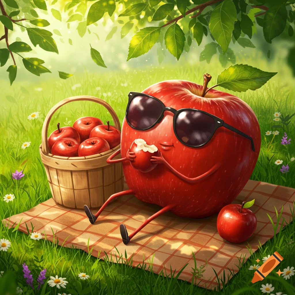 Cartoon red apple in sunglasses on a picnic blanket, eating an apple, with a basket of apples in a sunny field.
