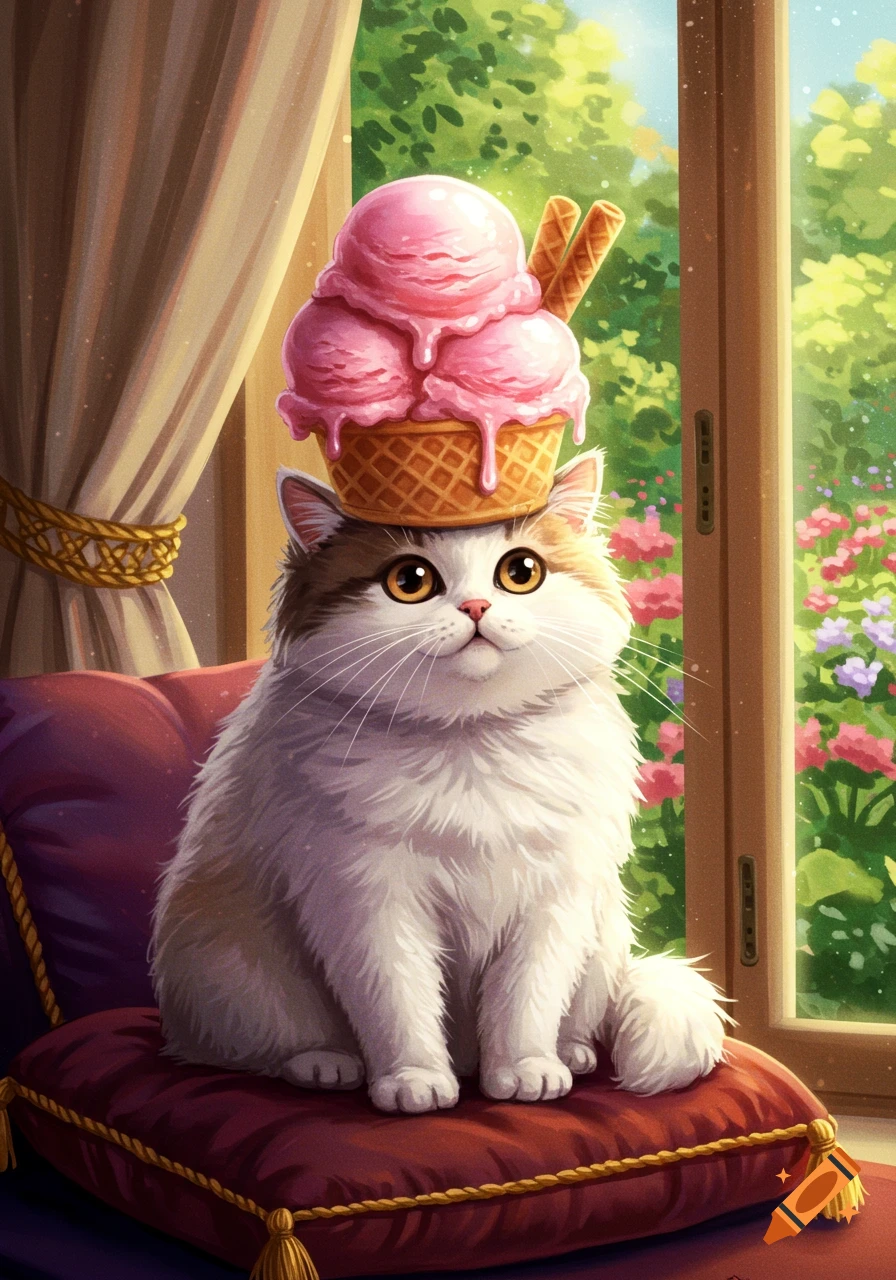 Fluffy white and brown cat on a red cushion wears a melting pink ice cream cone hat, looking up, by a window with greenery.