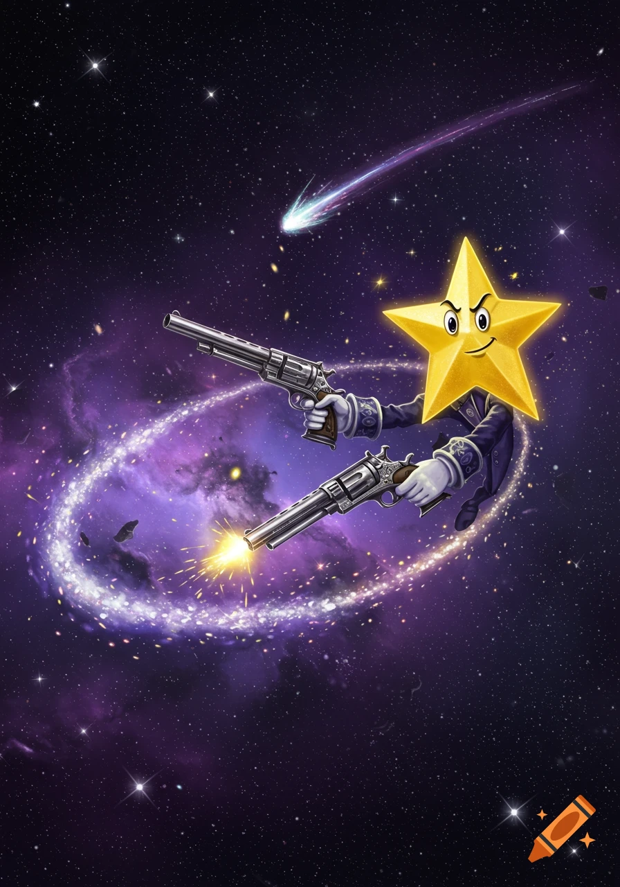 A cartoon yellow star with an angry face holds two revolvers in space, one firing a muzzle flash, with a comet trailing.