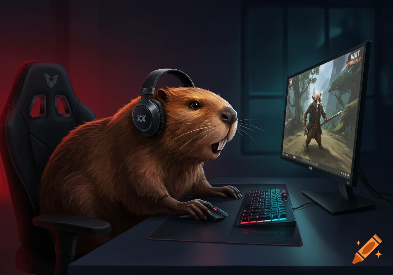 A cartoon beaver wearing a gaming headset sits at a desk, intently playing a video game on a computer monitor.