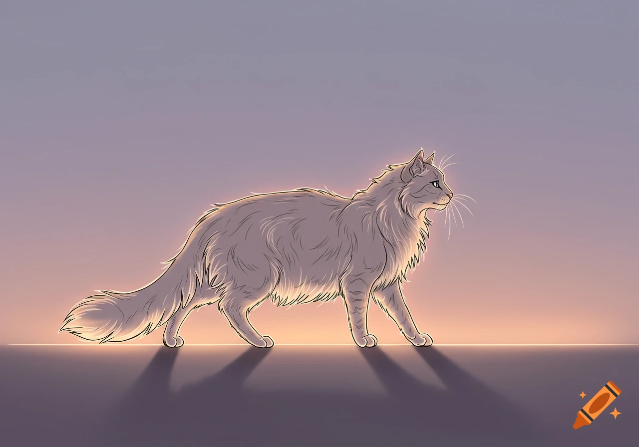An outlined illustration of a fluffy, light-colored cat walking against a gradient sunset sky, casting a long shadow.