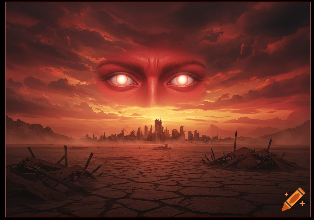 A gigantic red face with glowing eyes emerges from fiery clouds over a cracked, barren landscape with a ruined city skyline under a red and orange sky.