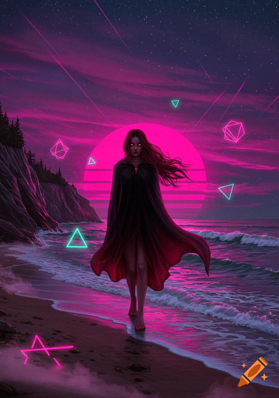 A dark fantasy woman with glowing red eyes walks on a synthwave beach under a neon pink sky with geometric shapes.