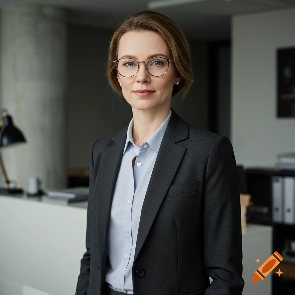 Photorealistic portrait of a professional Caucasian woman with glasses in formal business attire in a modern office.