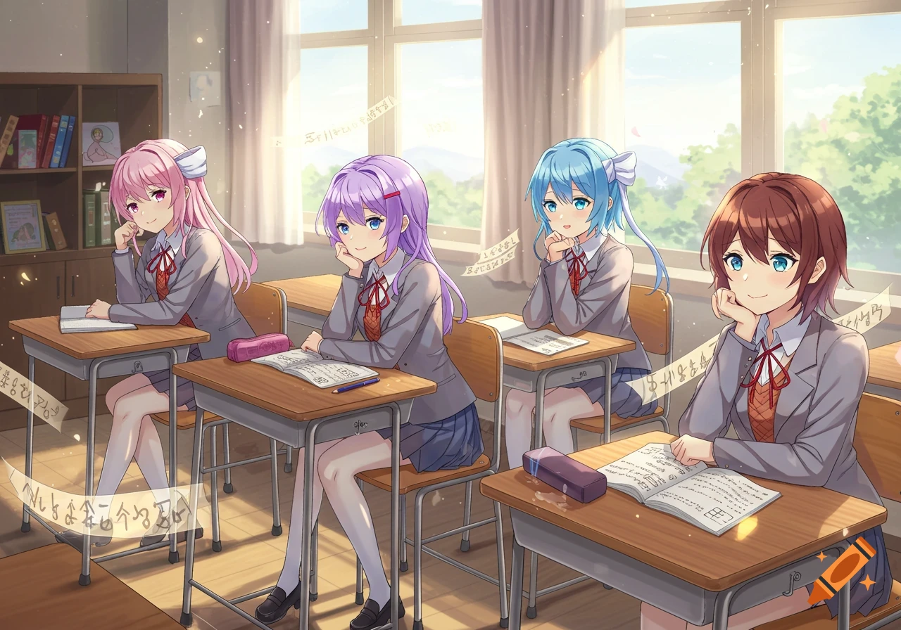 Four anime schoolgirls with different hair colors sit at desks in a bright classroom with floating papers.