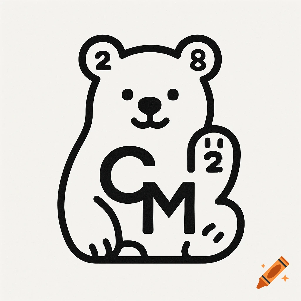 Minimal line-art logo of a friendly white bear with thick black outlines, incorporating the letters C and M, and numbers 2 and 8, on a light background.