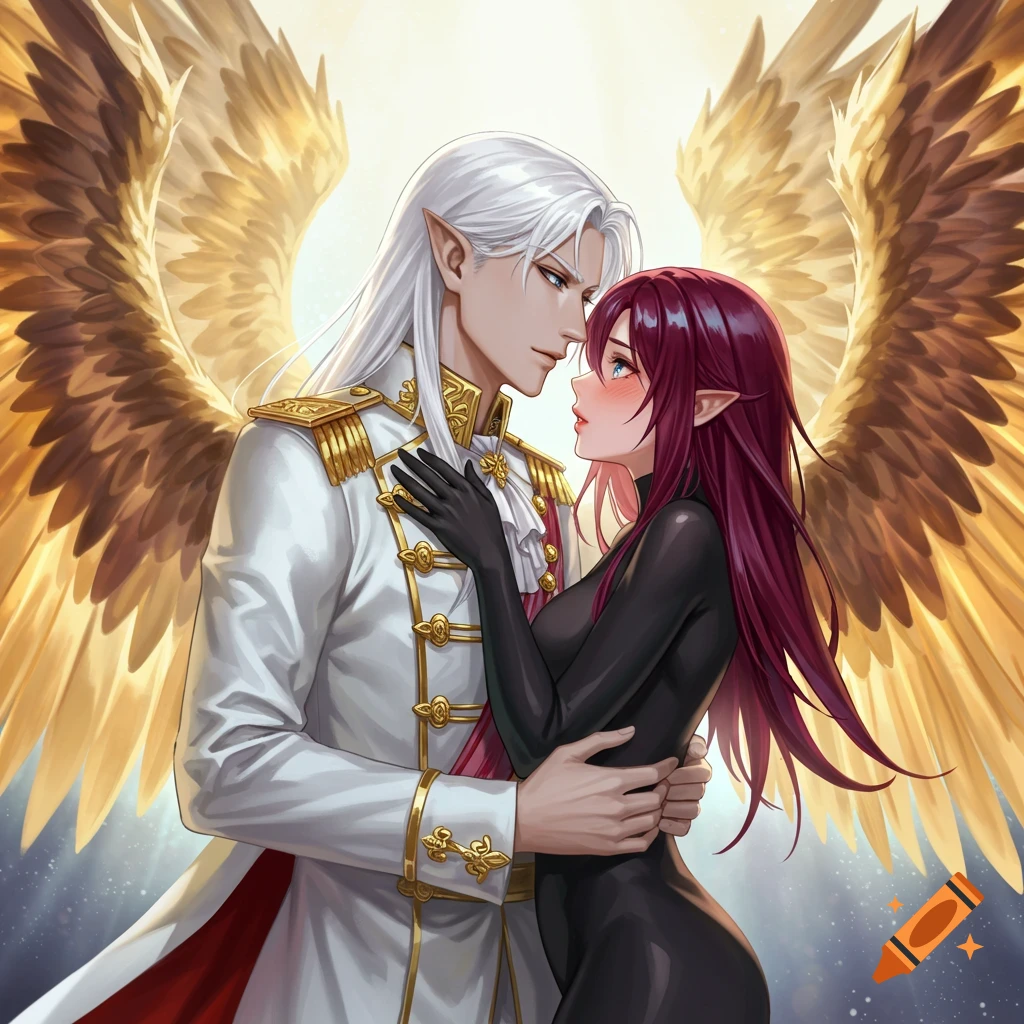 Two winged, elf-like characters in an intimate embrace, about to kiss, in a detailed anime style.
