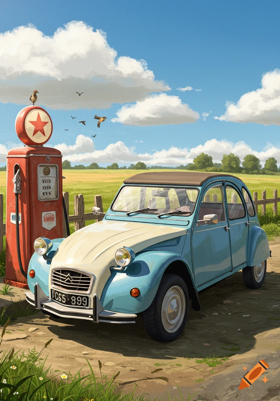 A vintage blue and white Citroën 2CV car is parked next to an old red gas pump in a sunny rural landscape illustration. Birds fly in the blue sky.