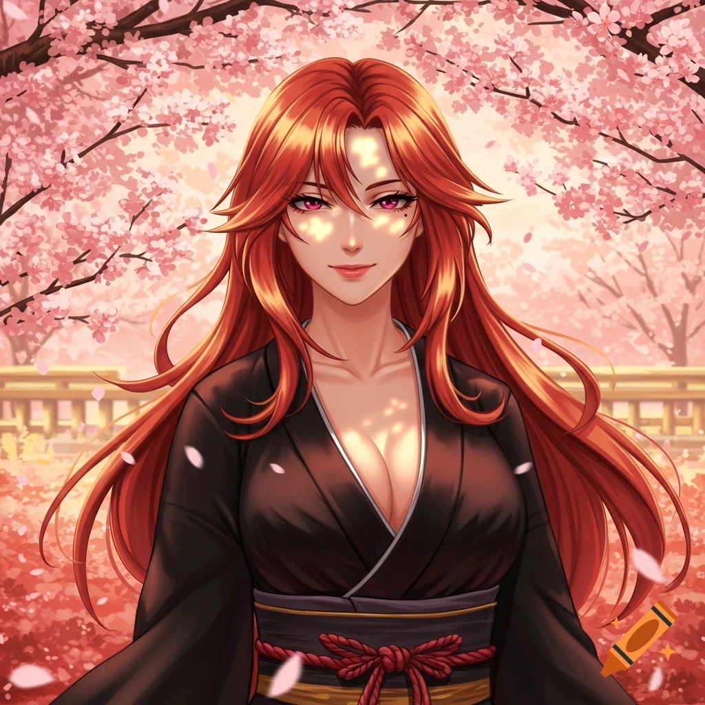 Anime-style portrait of a red-haired woman with purple eyes in a black kimono, standing under pink cherry blossoms.