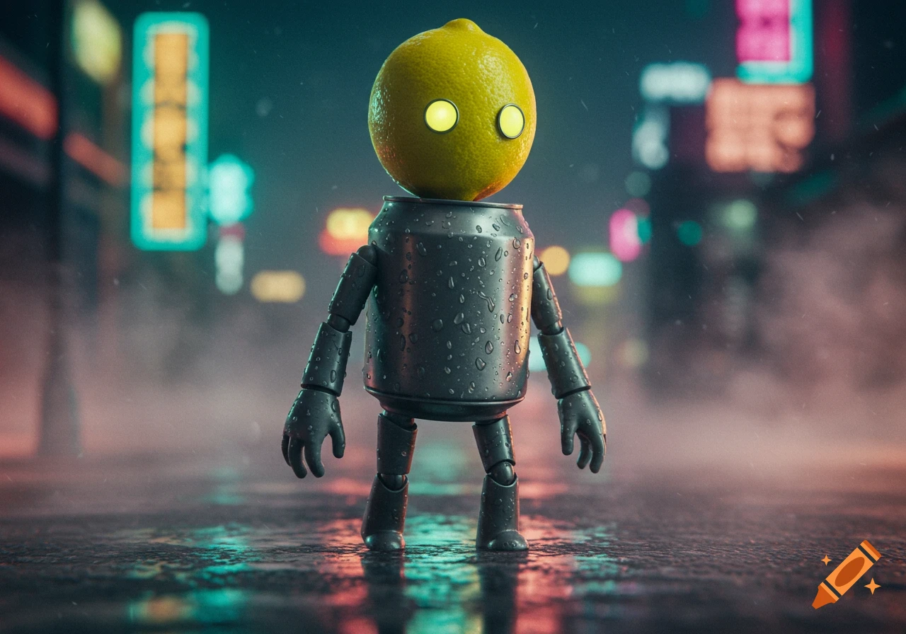 A photorealistic robot with a lemon head and soda can body stands on a wet street in a rainy, neon-lit cyberpunk city at night.