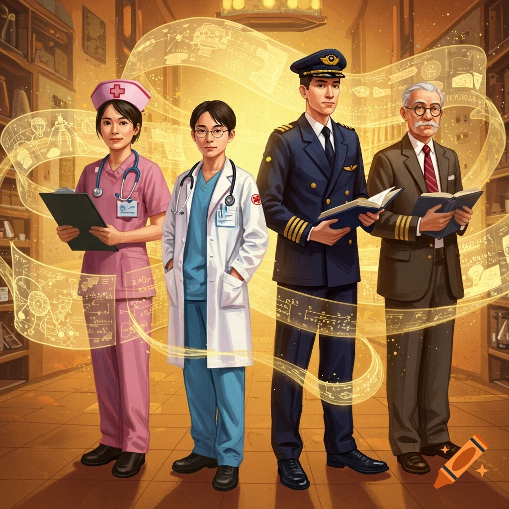 An illustration of a nurse, doctor, pilot, and professor standing in a library, surrounded by glowing scientific diagrams.