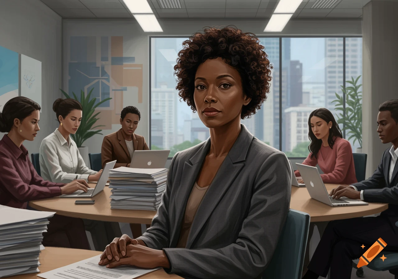 A Black woman with curly hair looks directly at the viewer while sitting at a large conference table. Other diverse professionals work on laptops around the table in a modern office.