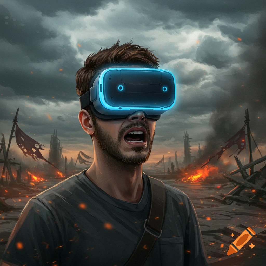 A scared man wearing a glowing VR headset experiences a burning, apocalyptic world under a stormy sky.