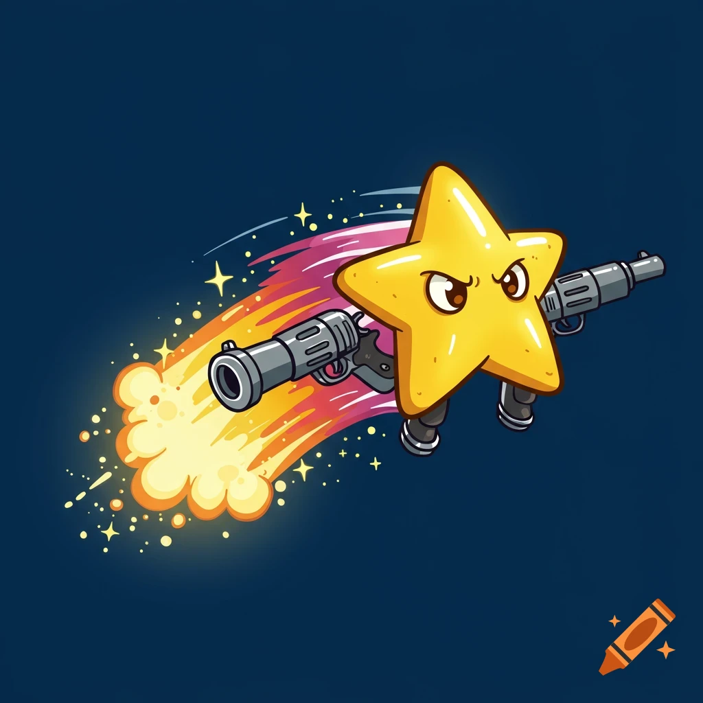 A cartoon yellow star with an angry face flies, holding two grey guns, leaving a trail of orange and pink fire and sparks.