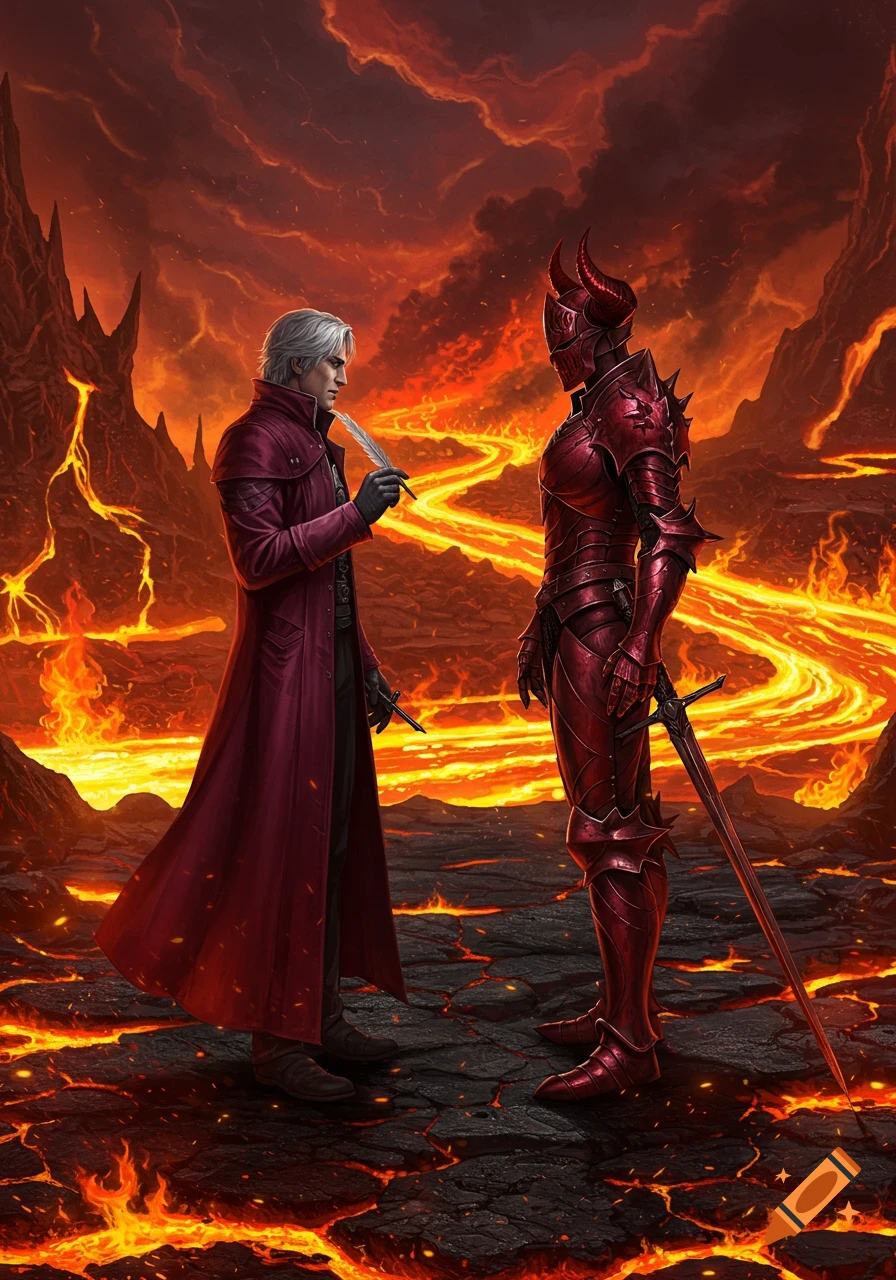 A white-haired man in a red coat holding a quill faces a horned red knight with a sword in a lava-filled hellscape.
