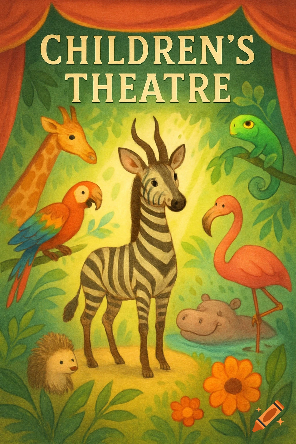 A whimsical children's theatre poster illustration featuring various cartoon animals like a zebra-gazelle, giraffe, parrot, and flamingo in a lush forest.