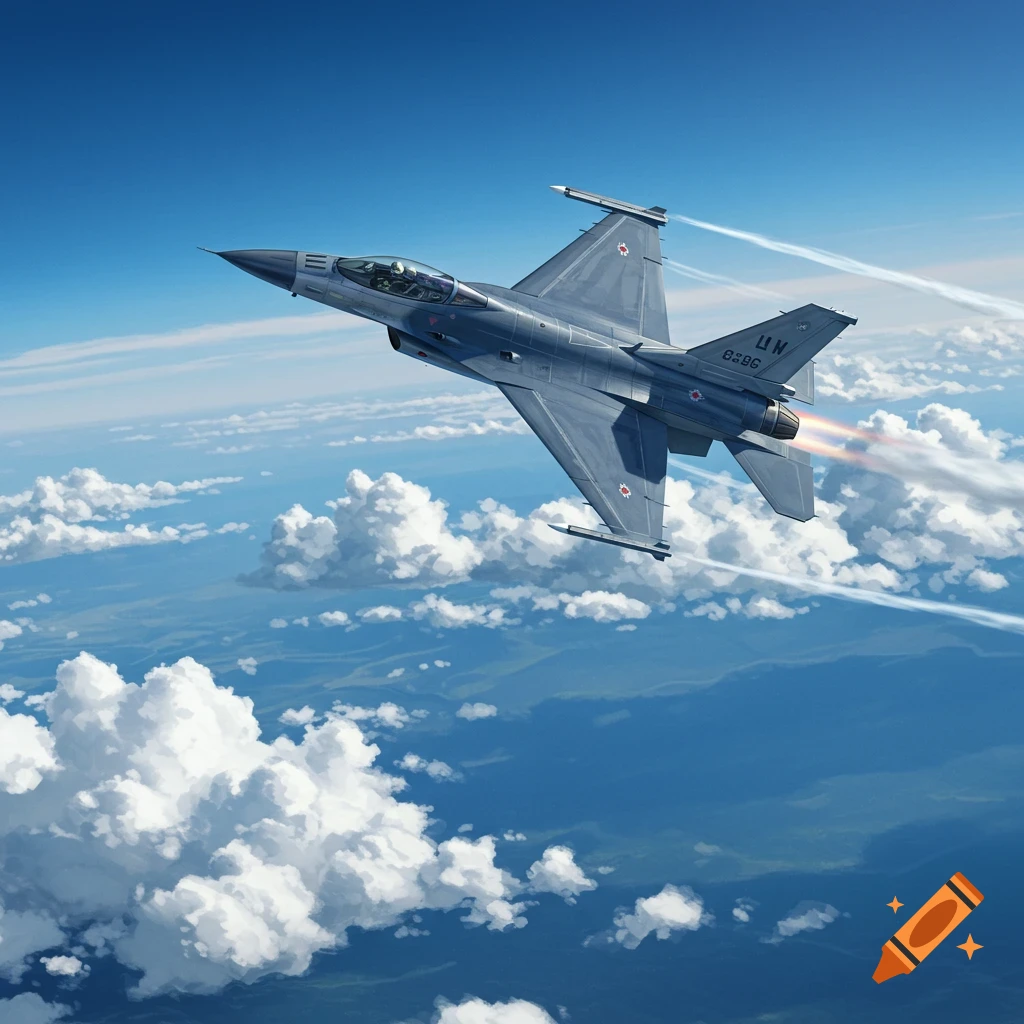 A photorealistic F-16 fighter jet flying high in a clear blue sky with white clouds.