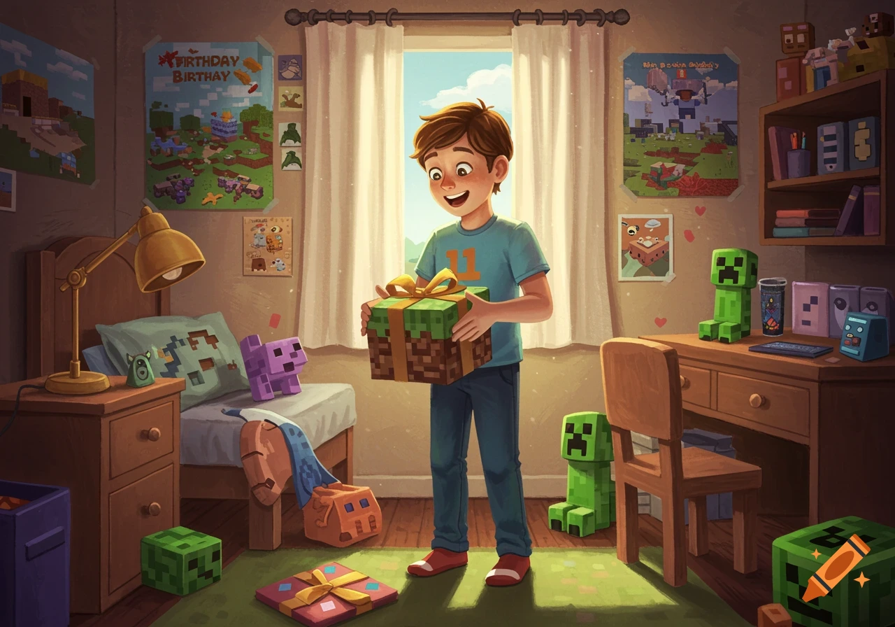 A happy boy in a Minecraft-themed room holds a Minecraft gift box with a yellow bow.
