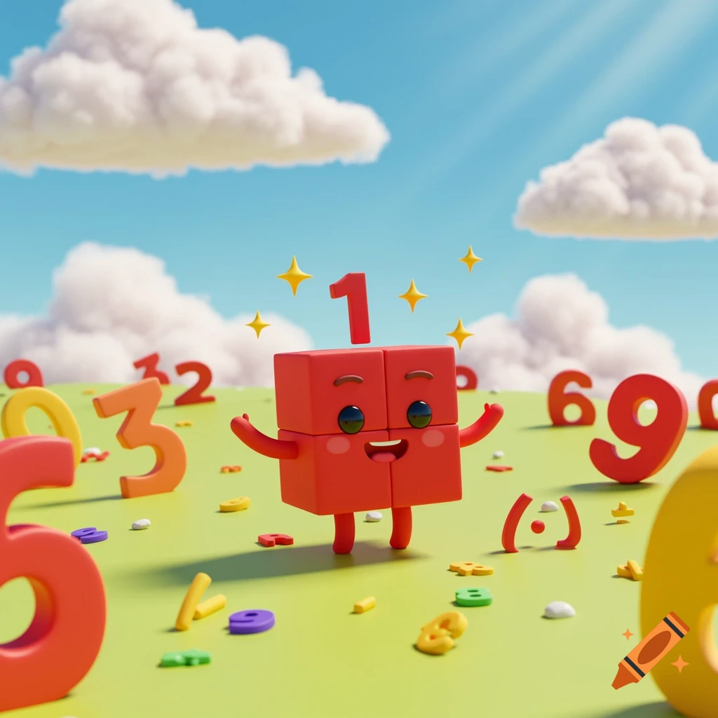 A smiling red block character with the number 1 on its head stands in a bright green field filled with other numbers under a blue sky with clouds. 3D cartoon style.