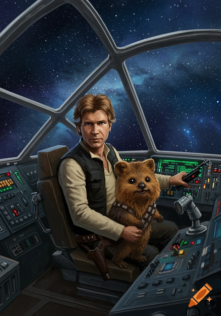 Illustration of Han Solo in the Millennium Falcon cockpit holding a Quokka dressed like Chewbacca.