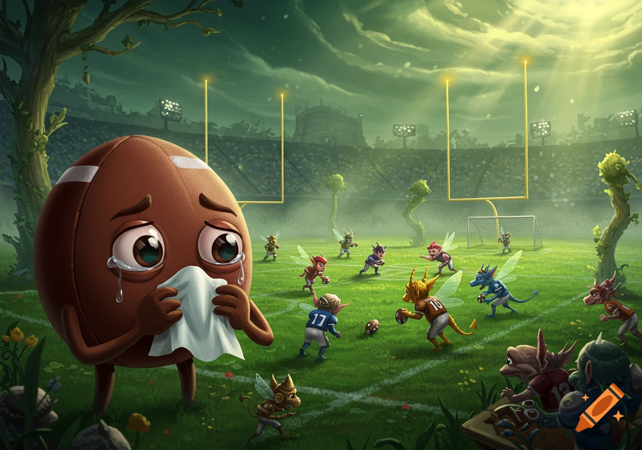 A crying football mascot watches fantasy creatures play football in a stadium at twilight, cartoon illustration.