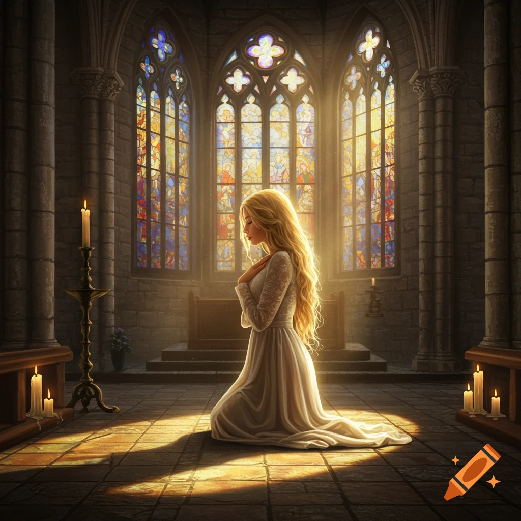 A blonde woman in a white dress kneels in prayer inside a gothic church with ornate stained glass windows, illuminated by sunlight.