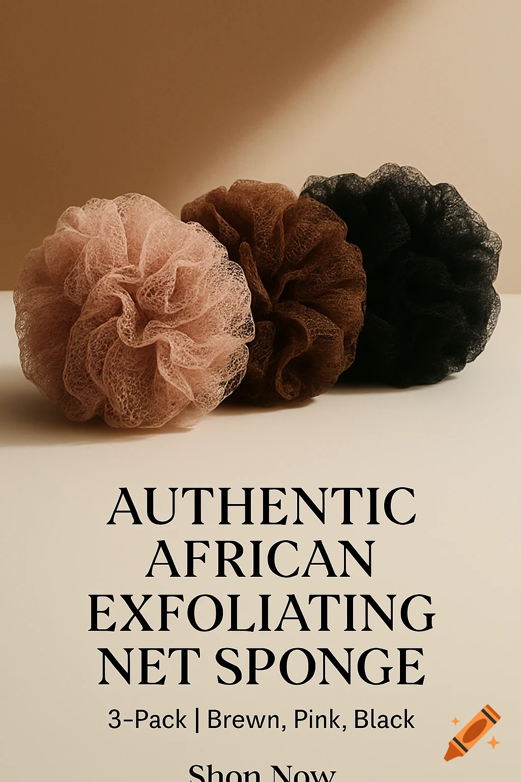 Three exfoliating net sponges in pink, brown, and black colors on a light brown background with product text.