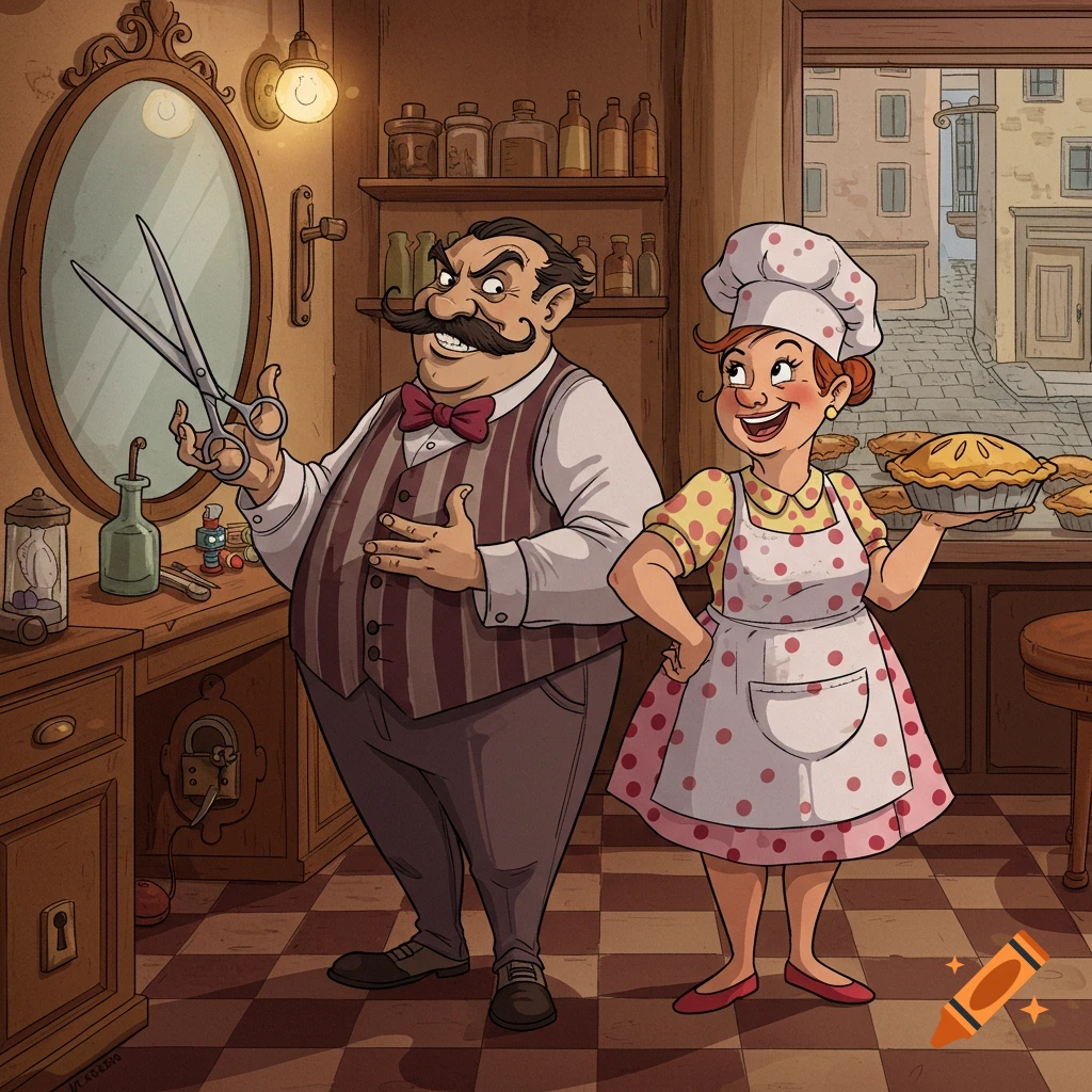 A cartoon barber with a mustache holds scissors next to a cheerful baker holding a pie in a shop setting.