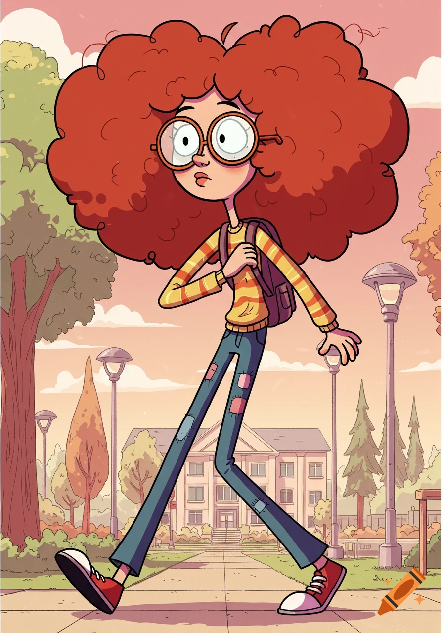 A quirky, lanky cartoon girl with red curly hair and round glasses walks on a campus path.