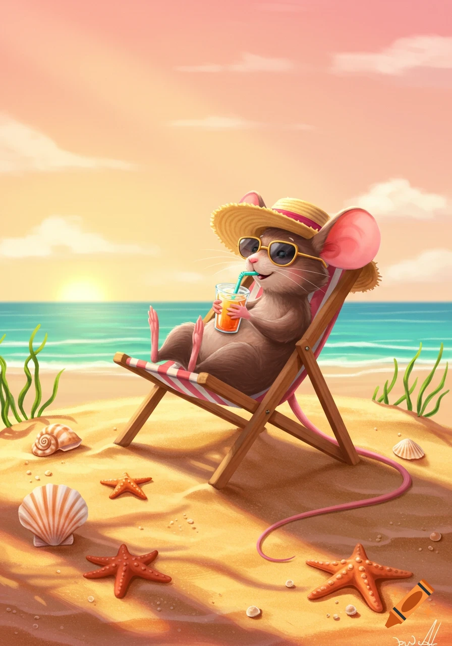 A cartoon mouse in a straw hat and sunglasses sips a drink in a deckchair on a sandy beach at sunset, with seashells and starfish.