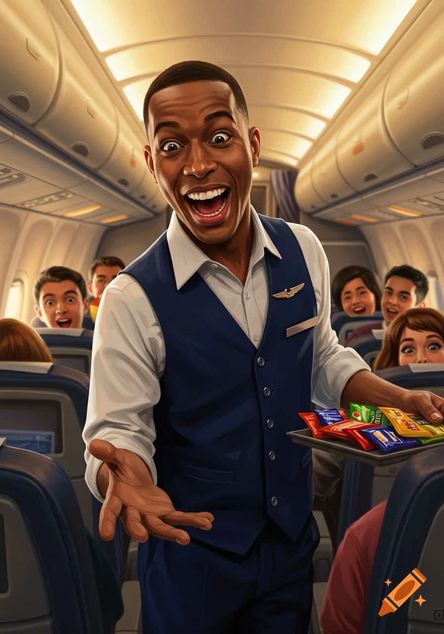 An excited male flight attendant in a blue vest with a huge grin offers snacks to passengers on an airplane, illustration.