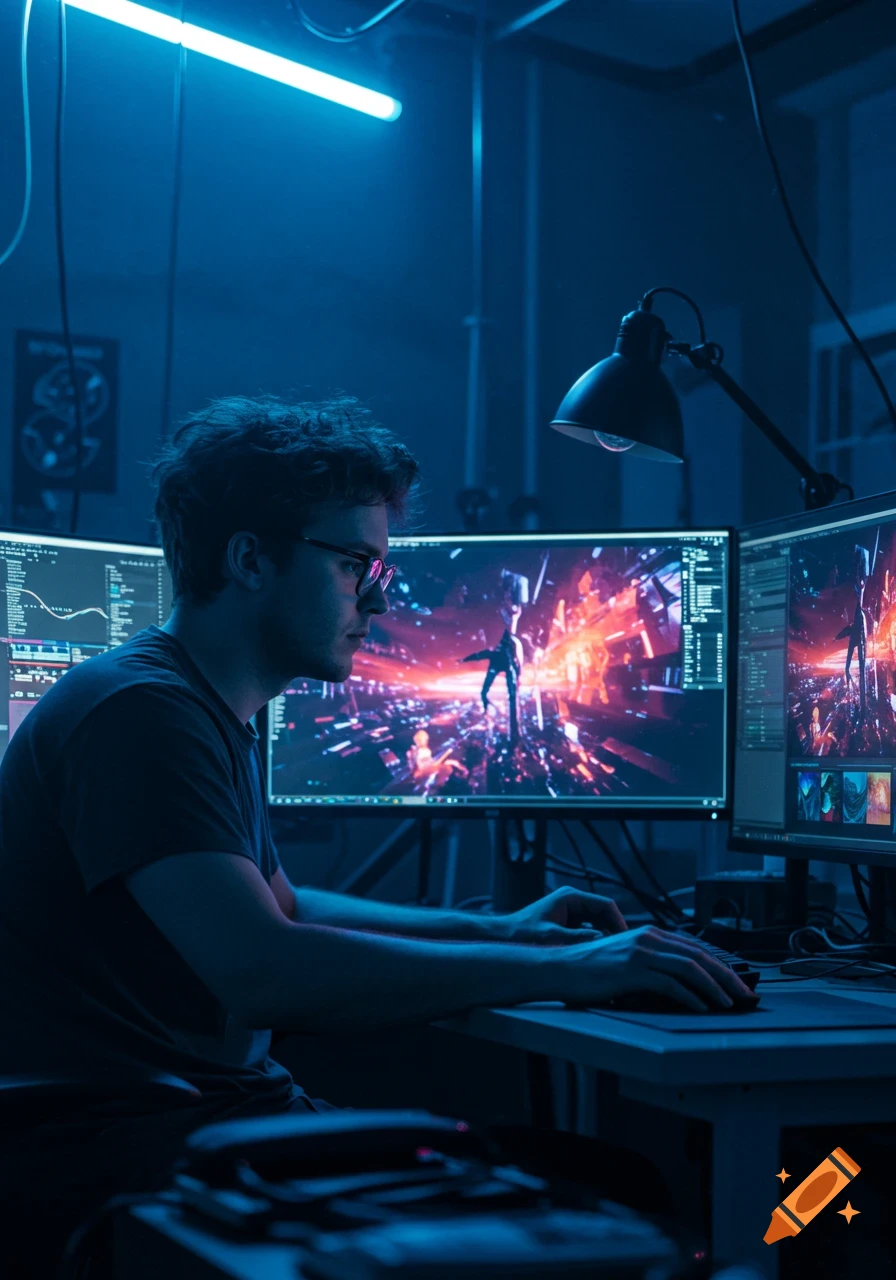 Man in glasses intensely focused on multiple computer screens displaying futuristic graphics in a dark, blue-lit room.