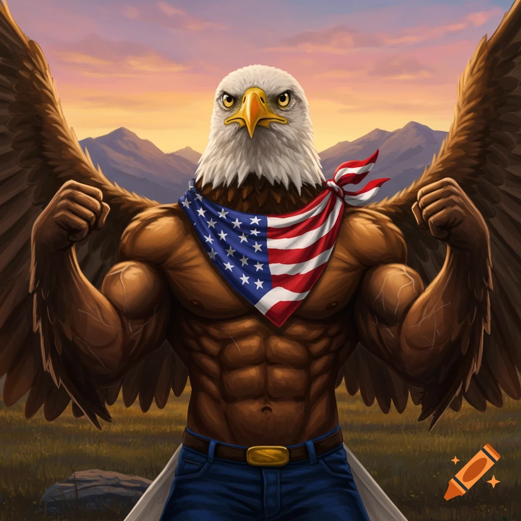A muscular bald eagle with an American flag bandana flexes its arms, set against a sunset mountain landscape.