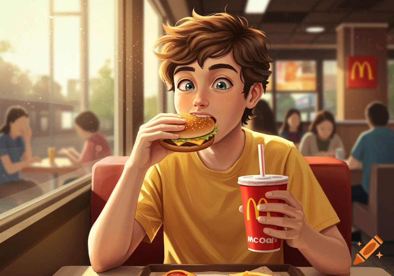 An illustration of a young person with curly brown hair and green eyes eating a hamburger and drinking soda in a fast food restaurant.