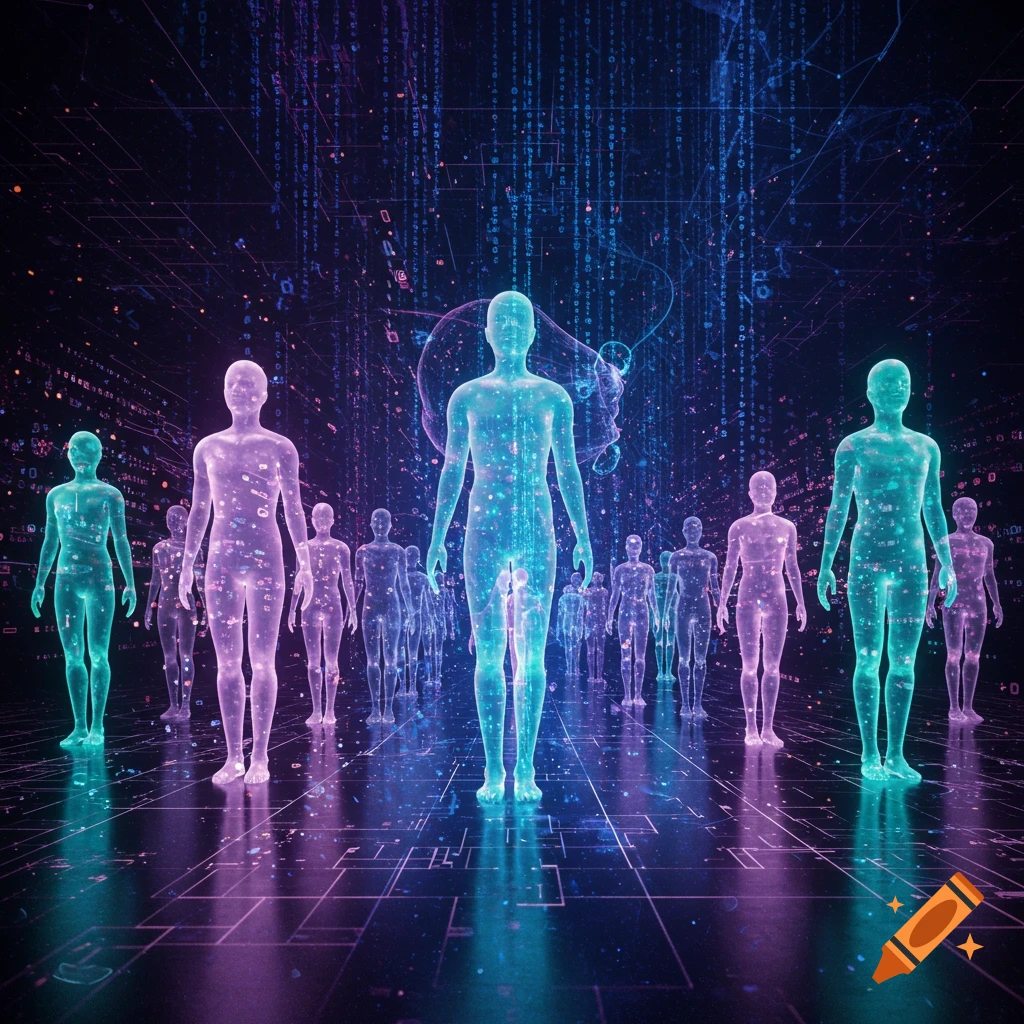 Glowing translucent human figures stand on a circuit floor amidst falling digital code in blue and purple hues.