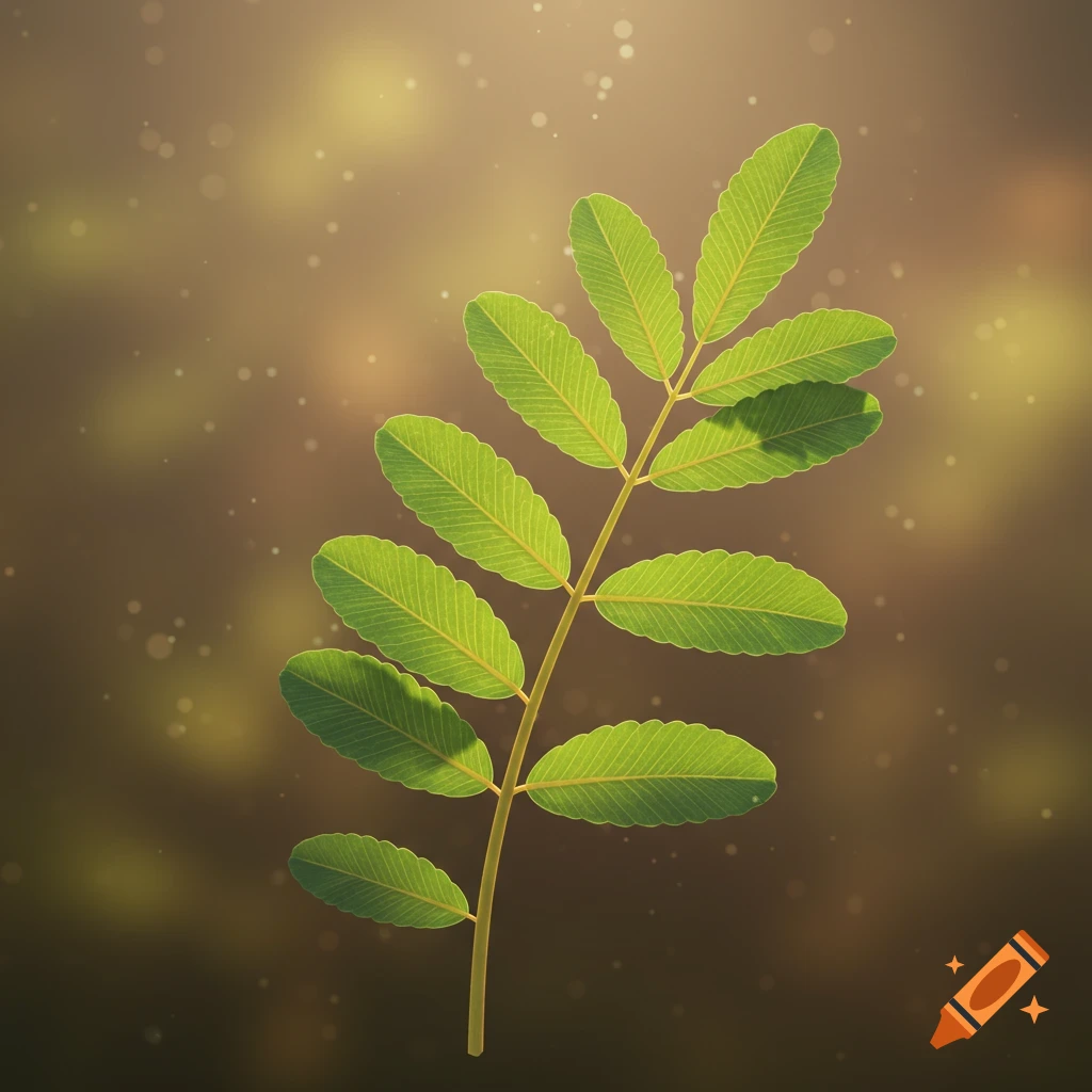 A close-up, soft-lit photo of a green plant stem with multiple oval leaves against a blurred brown-gold background with light particles.