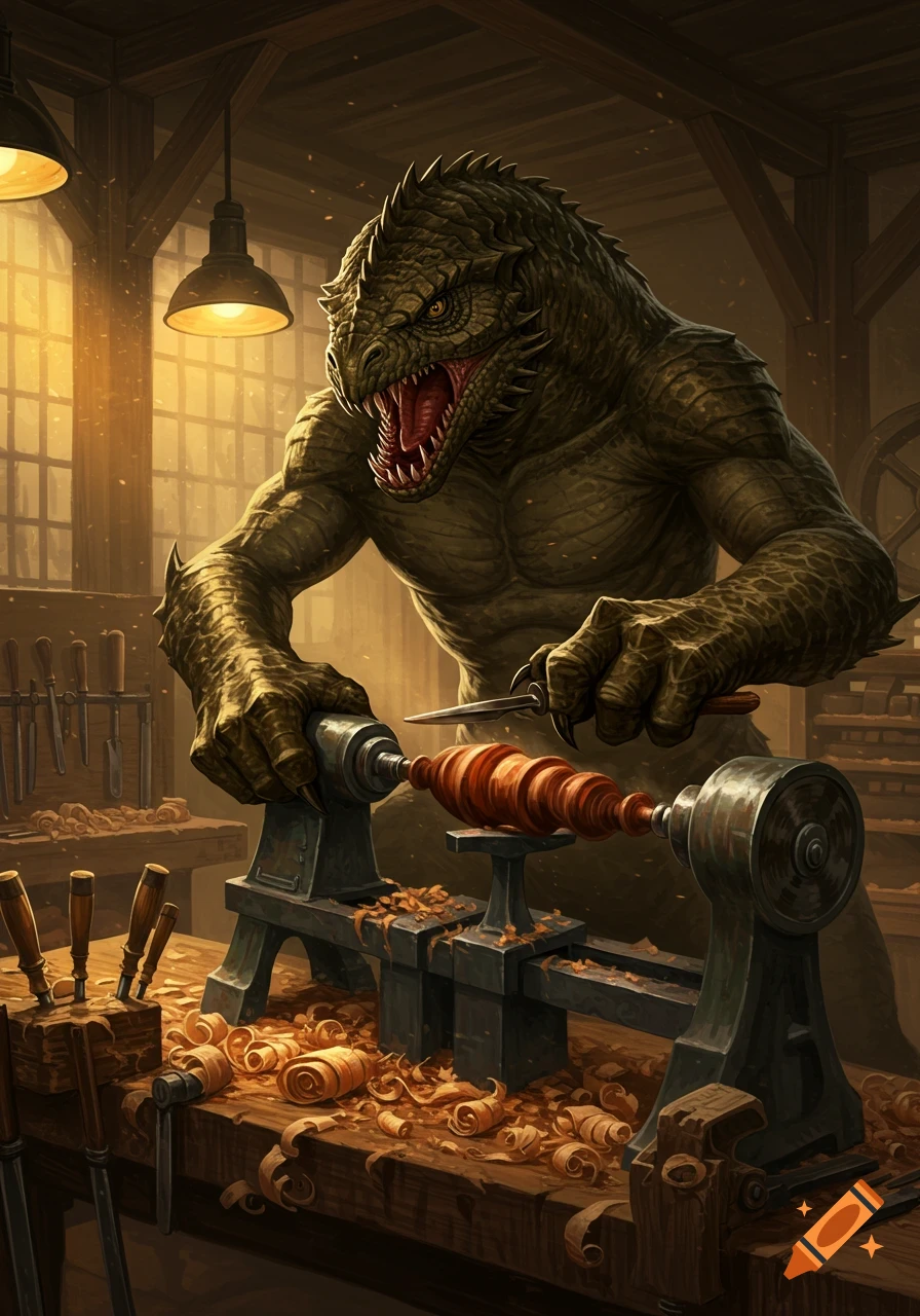 A large green reptilian monster with glowing eyes carves wood on a lathe in a rustic workshop, surrounded by wood shavings.