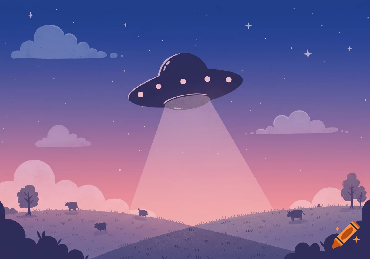 Cartoon UFO with a light beam over cows in a grassy field at dusk with a gradient sky and stars.