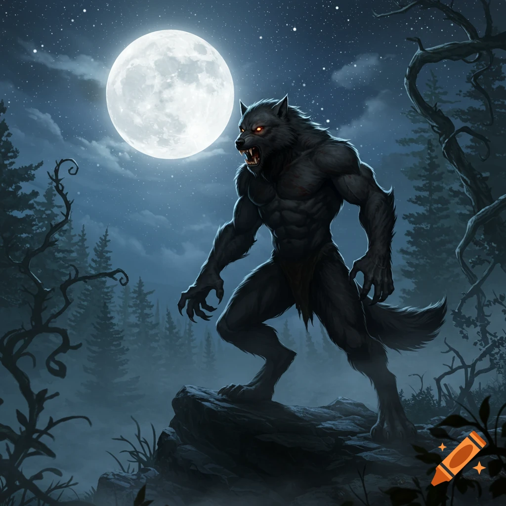 A snarling, muscular werewolf with glowing red eyes stands on a rock under a bright full moon in a dark, misty forest.