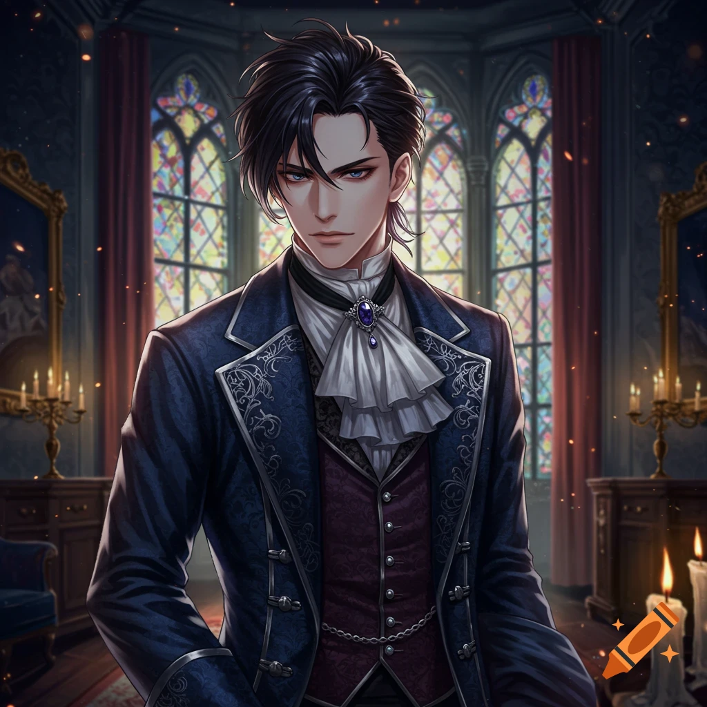An anime male character with black hair in gothic Victorian clothing stands in a dimly lit room with stained glass windows.