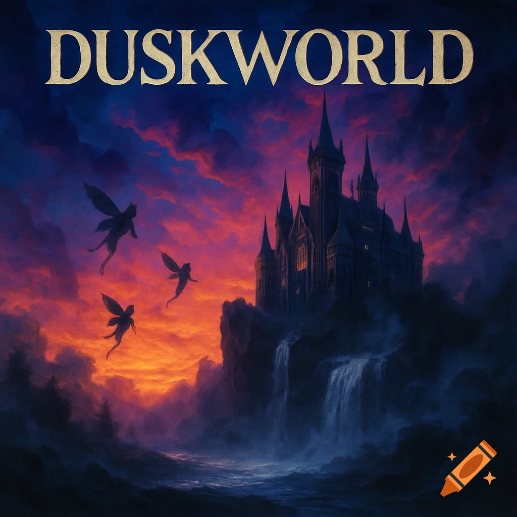 A dark gothic castle on a cliff with waterfalls, under a vibrant orange and purple sunset. Three shadowy winged figures fly. Text 'DUSKWORLD'.