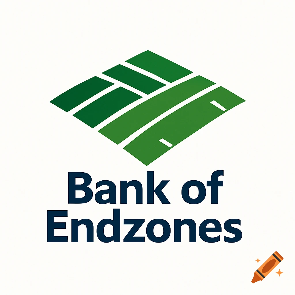 A logo featuring an abstract green geometric design resembling a football field above the dark blue text "Bank of Endzones".